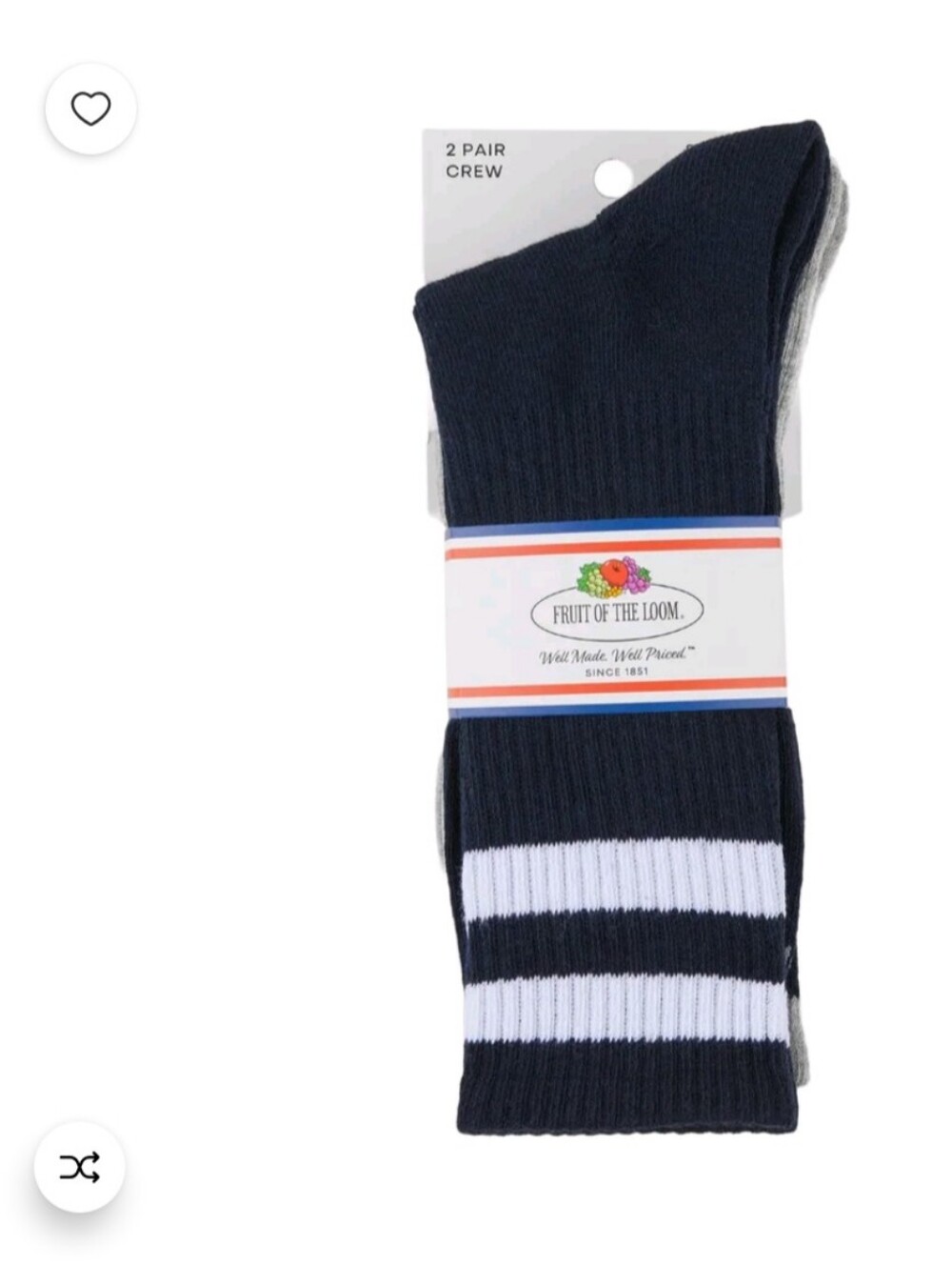 Fruit of the Loom Crew Socks - Navy with White Stripes (2 Pair)